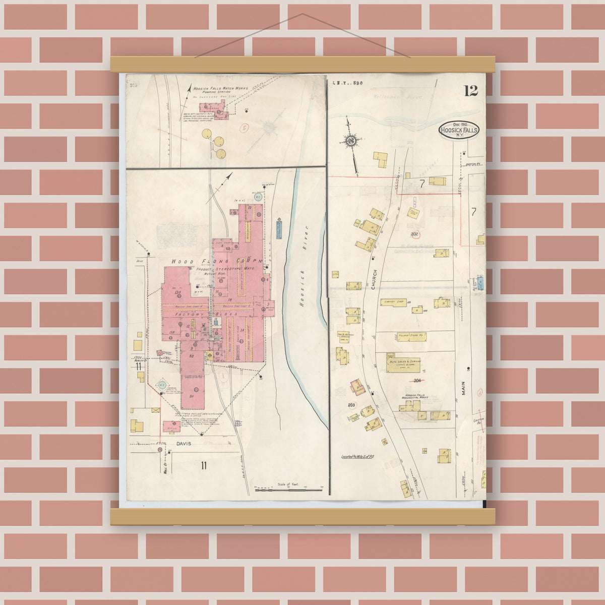 Old map wall art mockup — magnetic wood frame on brick wall — Sanborn Fire Insurance Map from Hoosick Falls, Rensselaer County, New York (1945), Sheet #0012