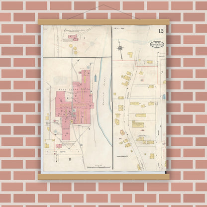 Old map wall art mockup — magnetic wood frame on brick wall — Sanborn Fire Insurance Map from Hoosick Falls, Rensselaer County, New York (1945), Sheet #0012
