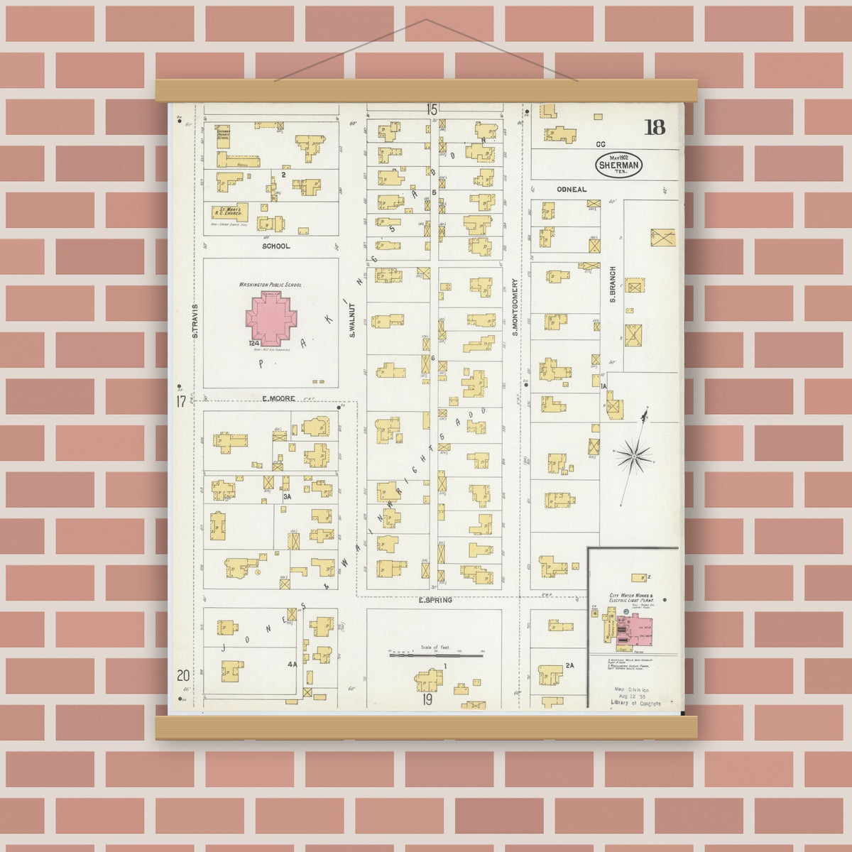 Old map wall art mockup — magnetic wood frame on brick wall — Sanborn Fire Insurance Map from Sherman, Grayson County, Texas (1902), Sheet #0018