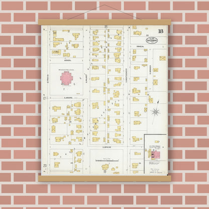 Old map wall art mockup — magnetic wood frame on brick wall — Sanborn Fire Insurance Map from Sherman, Grayson County, Texas (1902), Sheet #0018