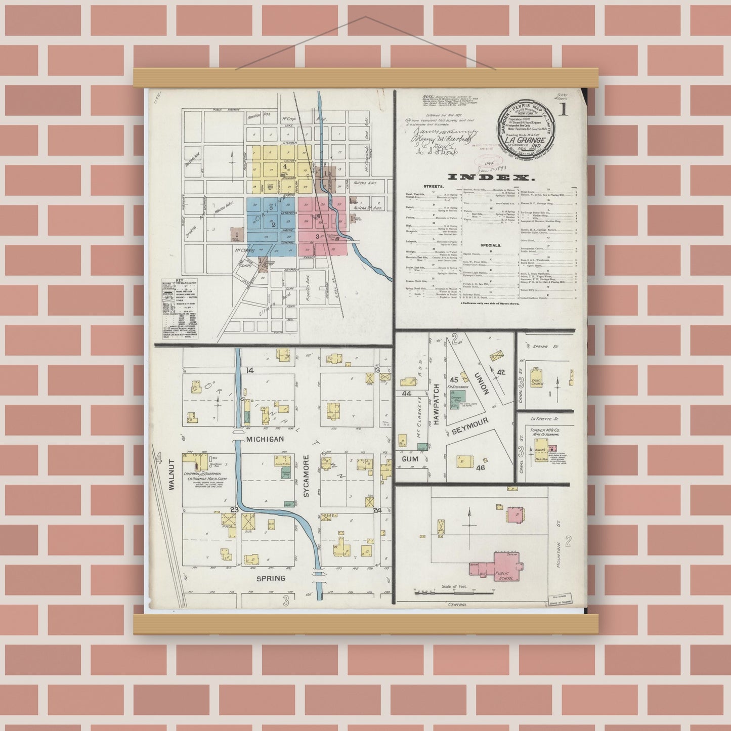 Old map wall art mockup — magnetic wood frame on brick wall — Sanborn Fire Insurance Map from Lagrange, LaGrange County, Indiana (1892) - Complete Map Set