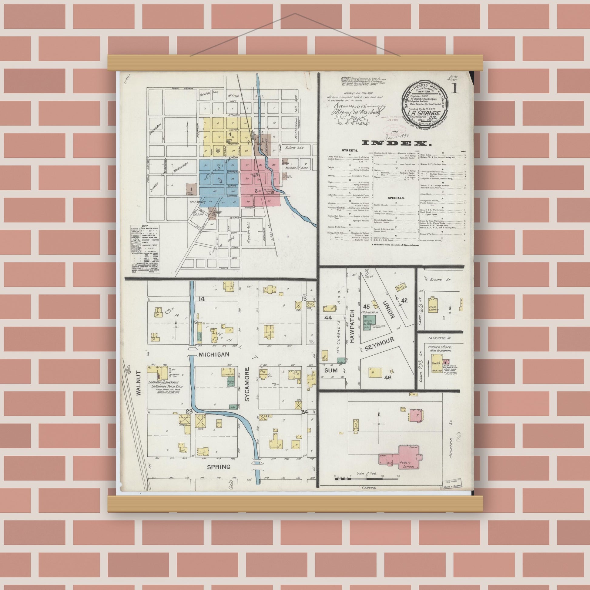 Old map wall art mockup — magnetic wood frame on brick wall — Sanborn Fire Insurance Map from Lagrange, LaGrange County, Indiana (1892) - Complete Map Set