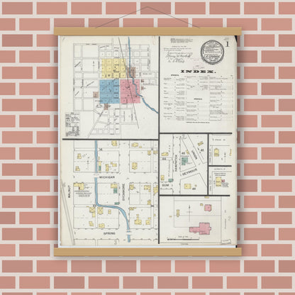 Old map wall art mockup — magnetic wood frame on brick wall — Sanborn Fire Insurance Map from Lagrange, LaGrange County, Indiana (1892) - Complete Map Set