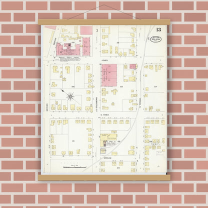 Old map wall art mockup — magnetic wood frame on brick wall — Sanborn Fire Insurance Map from Wilson, Wilson County, North Carolina (1908), Sheet #0013