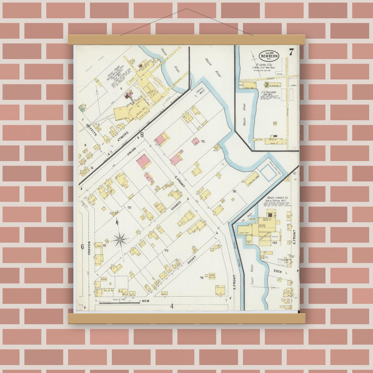 Old map wall art mockup — magnetic wood frame on brick wall — Sanborn Fire Insurance Map from New Bern, Craven County, North Carolina (1898), Sheet #0007