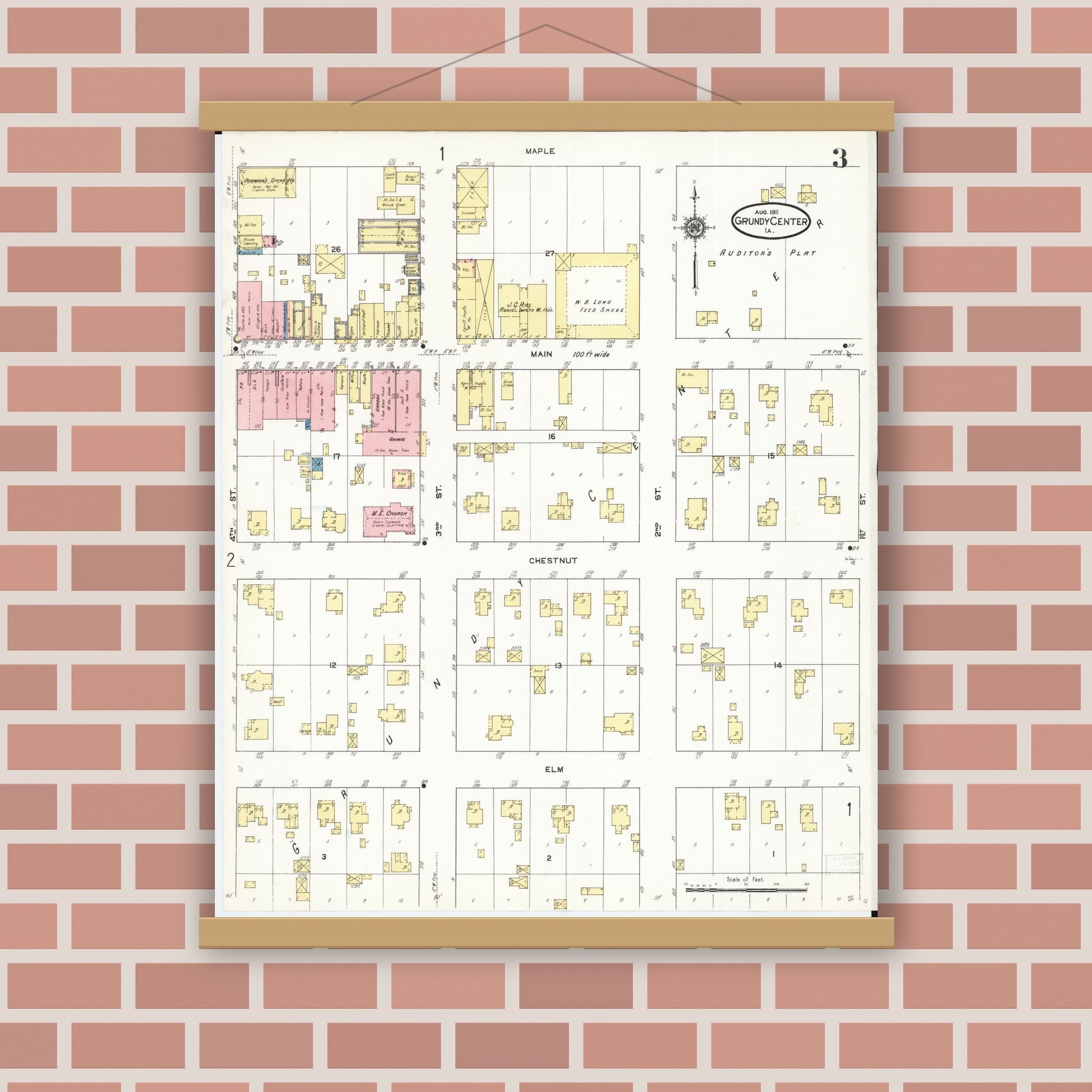 Old map wall art mockup — magnetic wood frame on brick wall — Sanborn Fire Insurance Map from Grundy Center, Grundy County, Iowa (1911), Sheet #0003