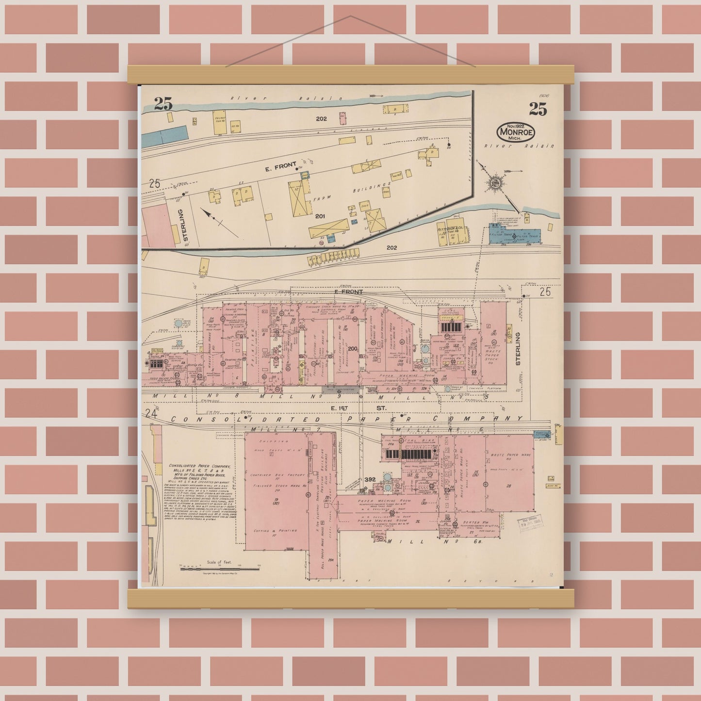 Old map wall art mockup — magnetic wood frame on brick wall — Sanborn Fire Insurance Map from Monroe, Monroe County, Michigan (1922), Sheet #0025