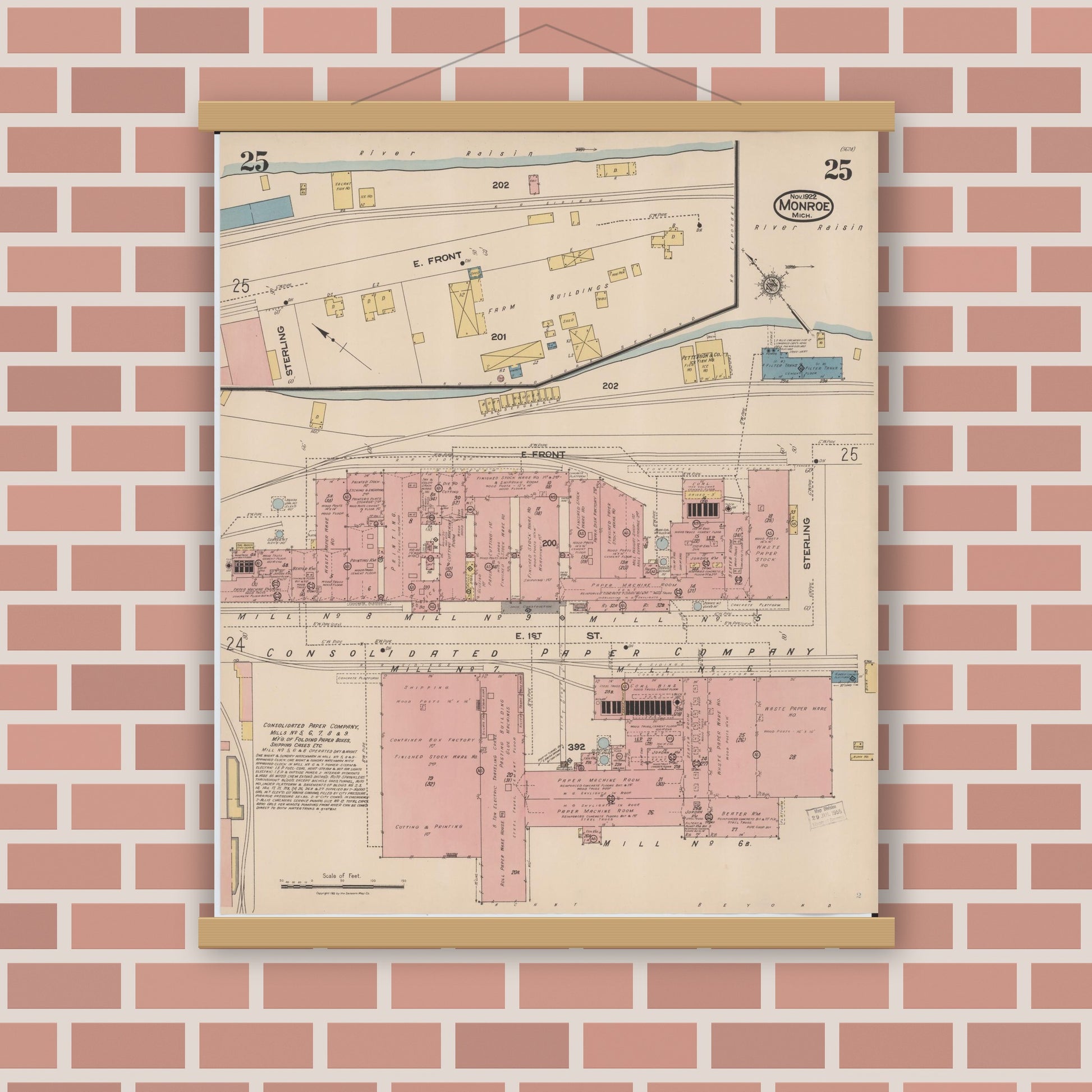 Old map wall art mockup — magnetic wood frame on brick wall — Sanborn Fire Insurance Map from Monroe, Monroe County, Michigan (1922), Sheet #0025