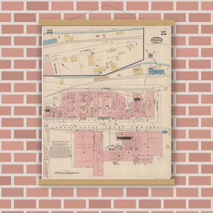 Old map wall art mockup — magnetic wood frame on brick wall — Sanborn Fire Insurance Map from Monroe, Monroe County, Michigan (1922), Sheet #0025