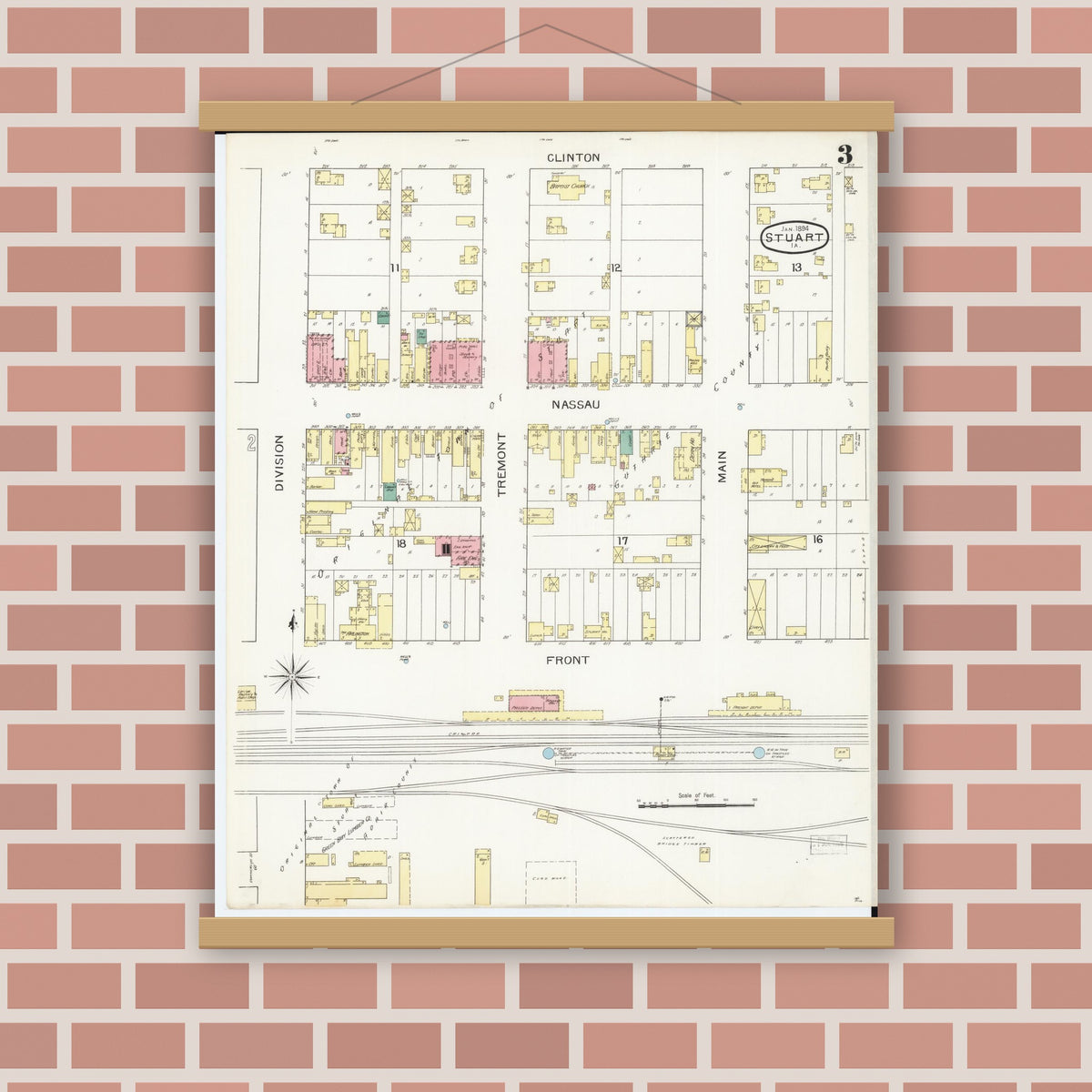 Old map wall art mockup — magnetic wood frame on brick wall — Sanborn Fire Insurance Map from Stuart, Guthrie and Adair Counties, Iowa (1894), Sheet #0003