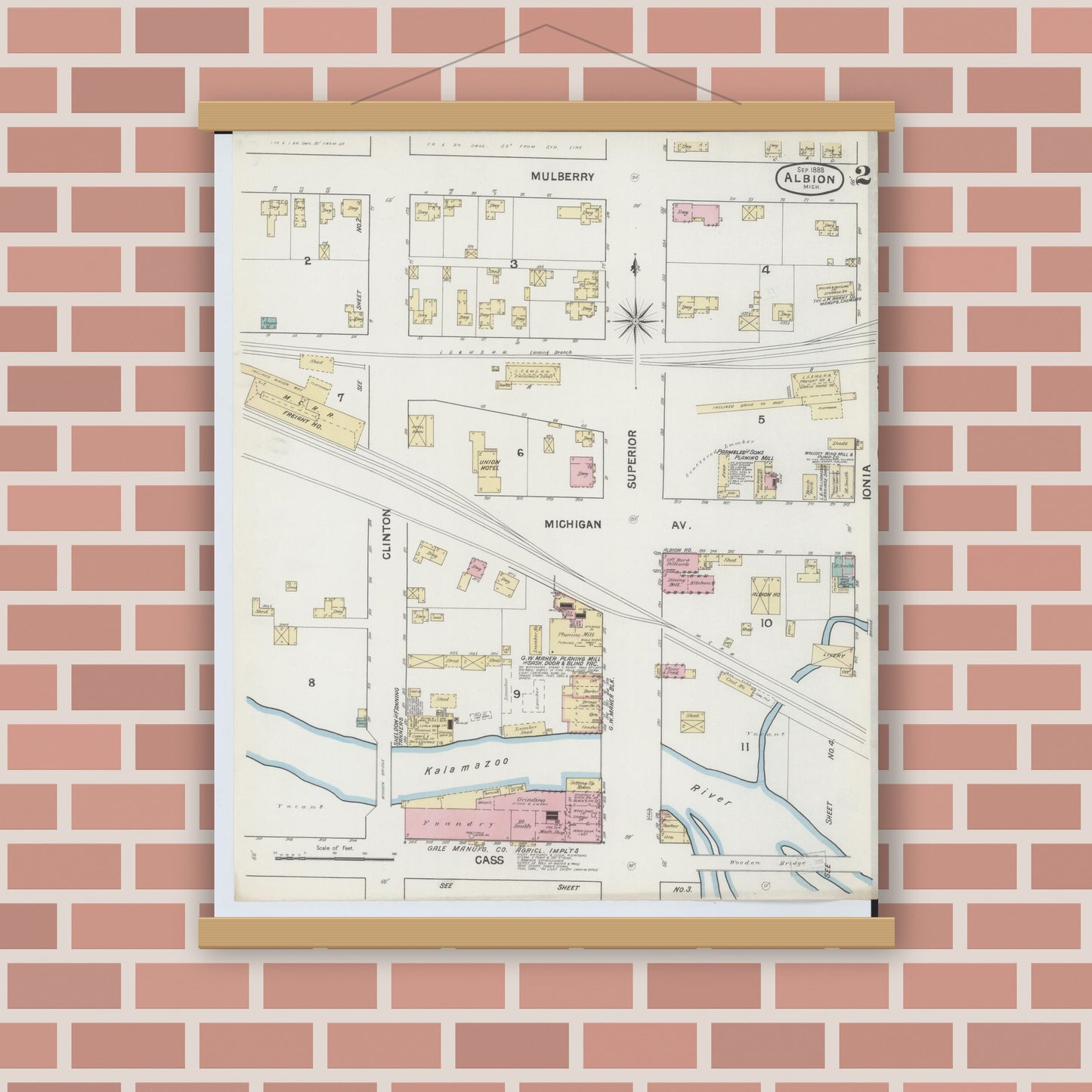 Old map wall art mockup — magnetic wood frame on brick wall — Sanborn Fire Insurance Map from Albion, Calhoun County, Michigan (1888), Sheet #0002