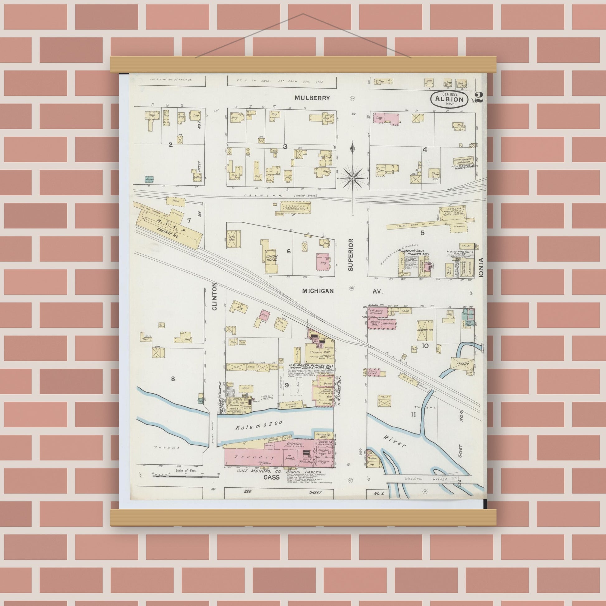 Old map wall art mockup — magnetic wood frame on brick wall — Sanborn Fire Insurance Map from Albion, Calhoun County, Michigan (1888), Sheet #0002