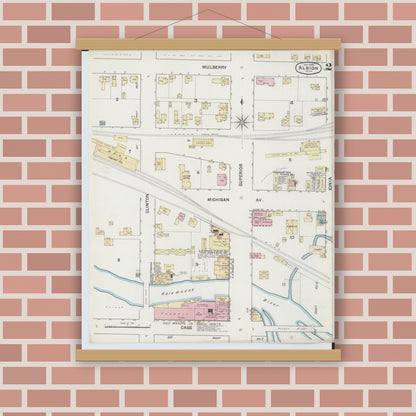 Old map wall art mockup — magnetic wood frame on brick wall — Sanborn Fire Insurance Map from Albion, Calhoun County, Michigan (1888), Sheet #0002