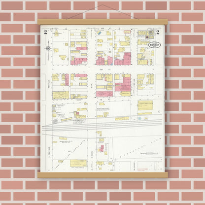 Old map wall art mockup — magnetic wood frame on brick wall — Sanborn Fire Insurance Map from Winthrop, Sibley County, Minnesota (1930), Sheet #0002