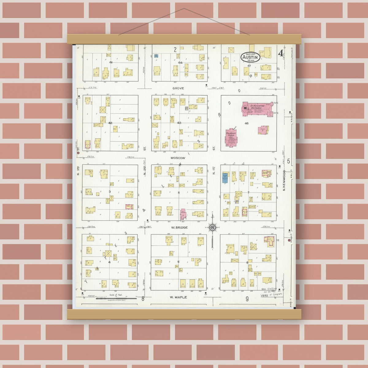 Old map wall art mockup — magnetic wood frame on brick wall — Sanborn Fire Insurance Map from Austin, Mower County, Minnesota (1917), Sheet #0004