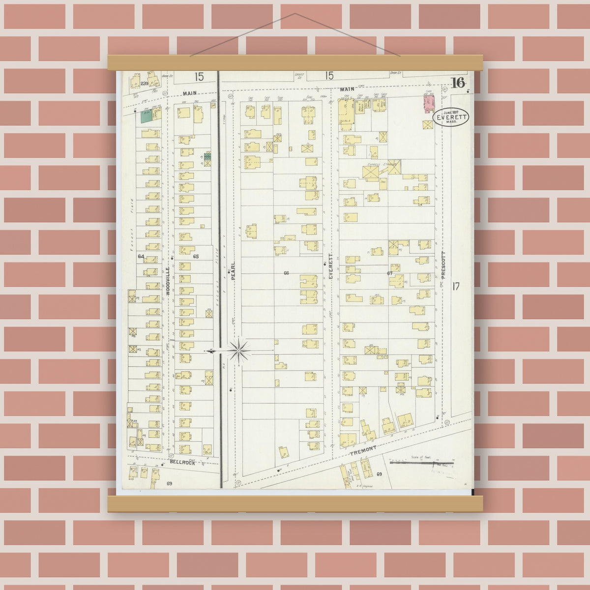 Old map wall art mockup — magnetic wood frame on brick wall — Sanborn Fire Insurance Map from Everett, Middlesex County, Massachusetts (1897), Sheet #0016