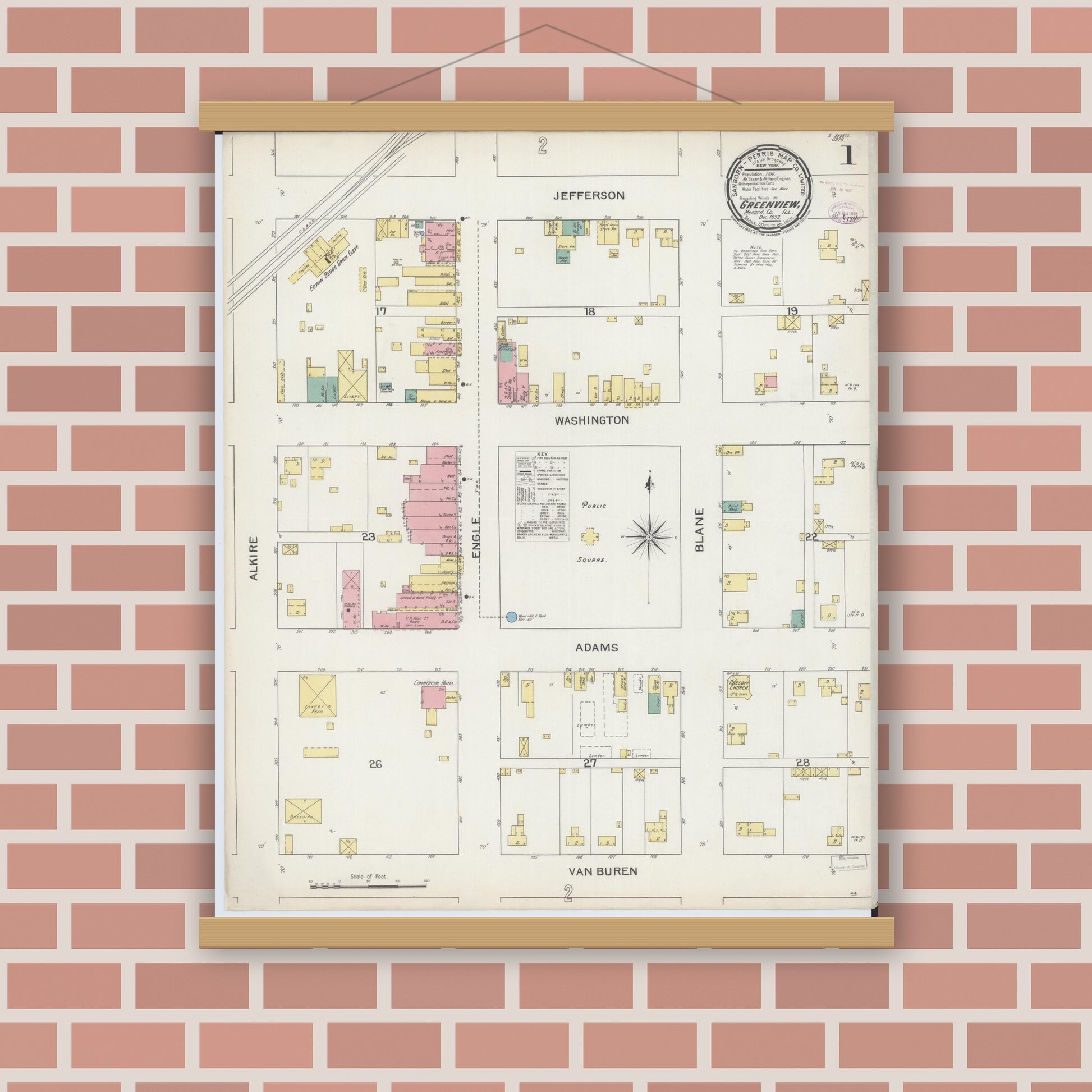 Old map wall art mockup — magnetic wood frame on brick wall — Sanborn Fire Insurance Map from Greenview, Menard County, Illinois (1893) - Complete Map Set