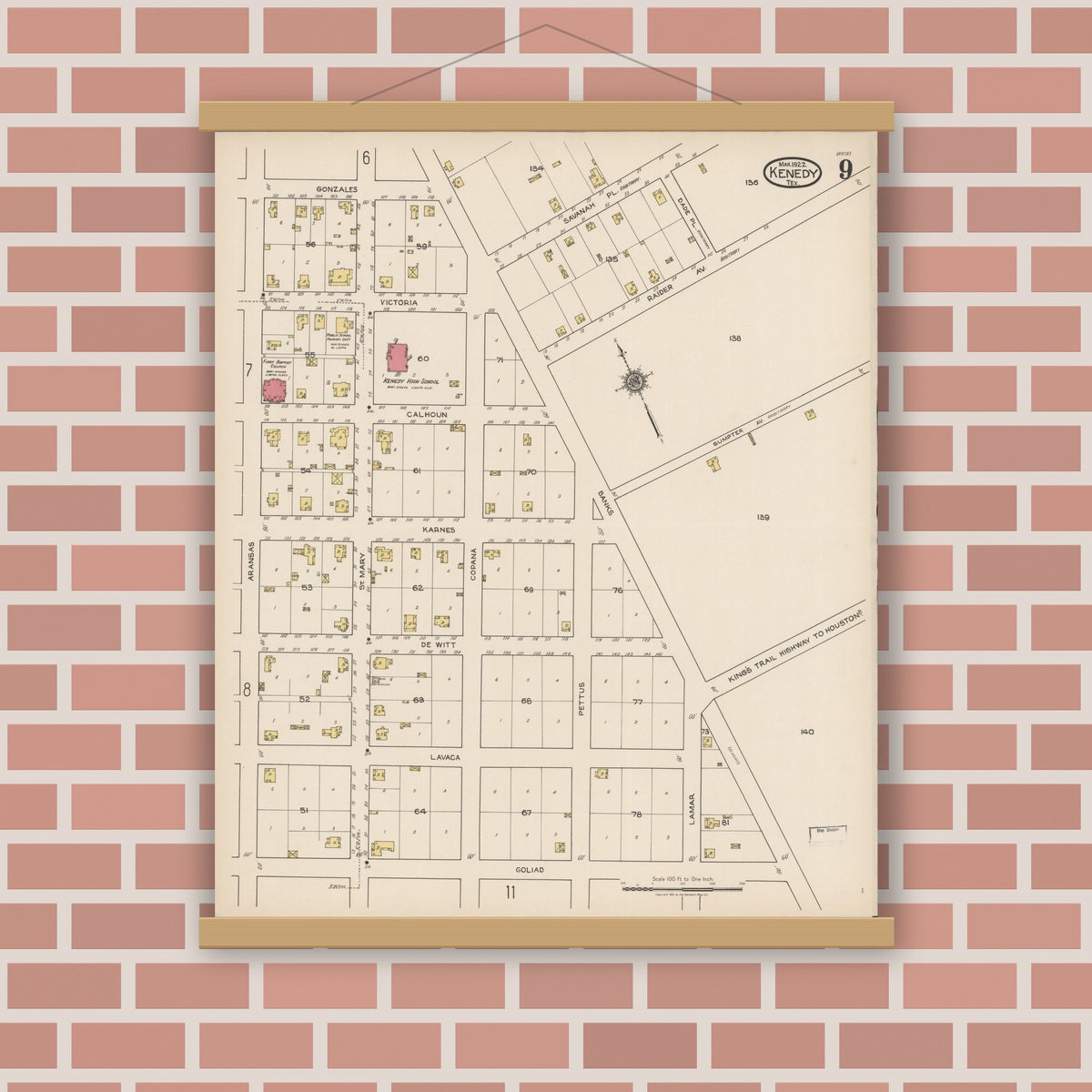 Old map wall art mockup — magnetic wood frame on brick wall — Sanborn Fire Insurance Map from Kenedy, Karnes County, Texas (1922), Sheet #0009