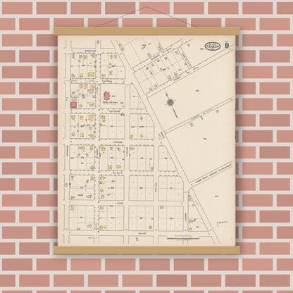 Old map wall art mockup — magnetic wood frame on brick wall — Sanborn Fire Insurance Map from Kenedy, Karnes County, Texas (1922), Sheet #0009