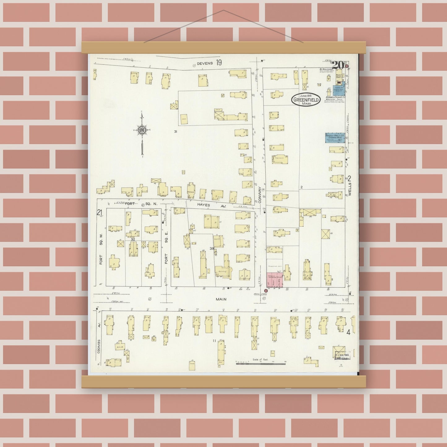 Old map wall art mockup — magnetic wood frame on brick wall — Sanborn Fire Insurance Map from Greenfield, Franklin County, Massachusetts (1914), Sheet #0020