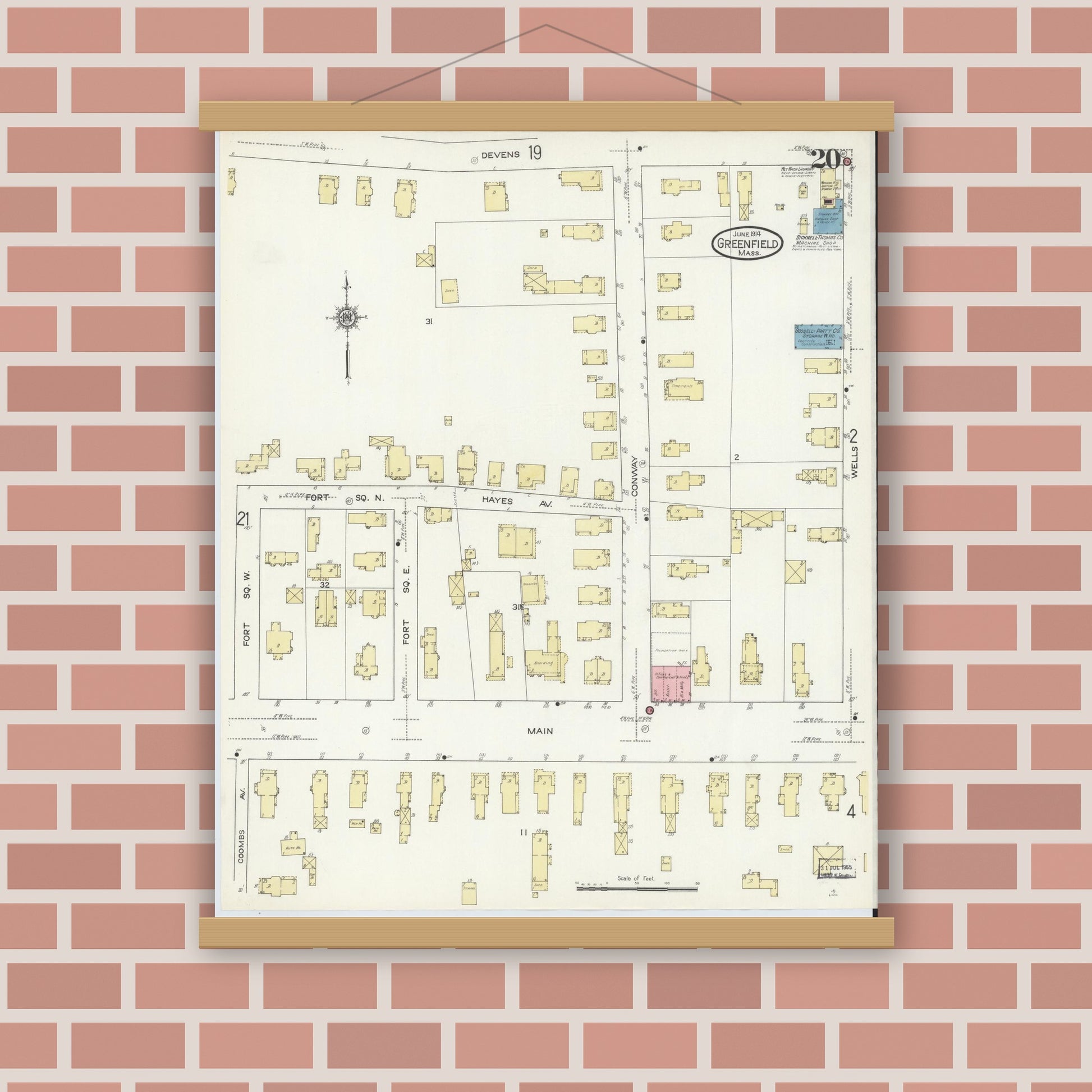 Old map wall art mockup — magnetic wood frame on brick wall — Sanborn Fire Insurance Map from Greenfield, Franklin County, Massachusetts (1914), Sheet #0020