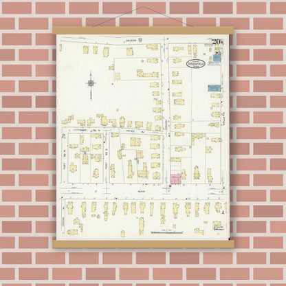 Old map wall art mockup — magnetic wood frame on brick wall — Sanborn Fire Insurance Map from Greenfield, Franklin County, Massachusetts (1914), Sheet #0020