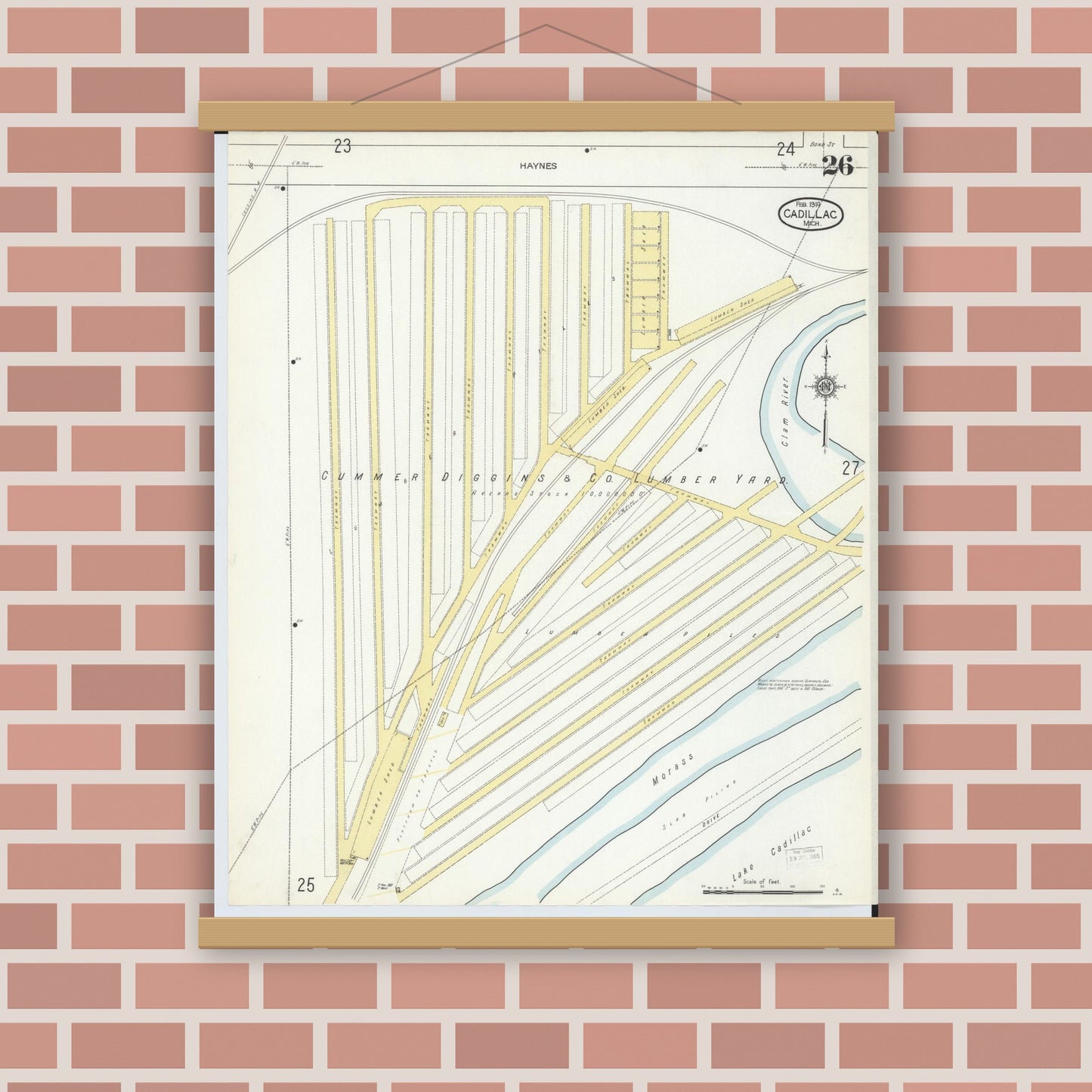 Old map wall art mockup — magnetic wood frame on brick wall — Sanborn Fire Insurance Map from Cadillac, Wexford County, Michigan (1914), Sheet #0026