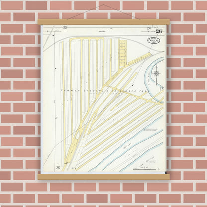 Old map wall art mockup — magnetic wood frame on brick wall — Sanborn Fire Insurance Map from Cadillac, Wexford County, Michigan (1914), Sheet #0026