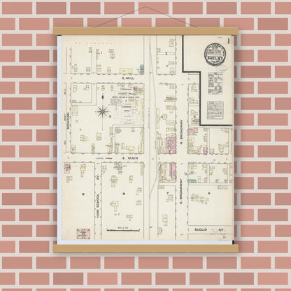 Old map wall art mockup — magnetic wood frame on brick wall — Sanborn Fire Insurance Map from Shelby, Ricland County, Ohio (1884) - Complete Map Set