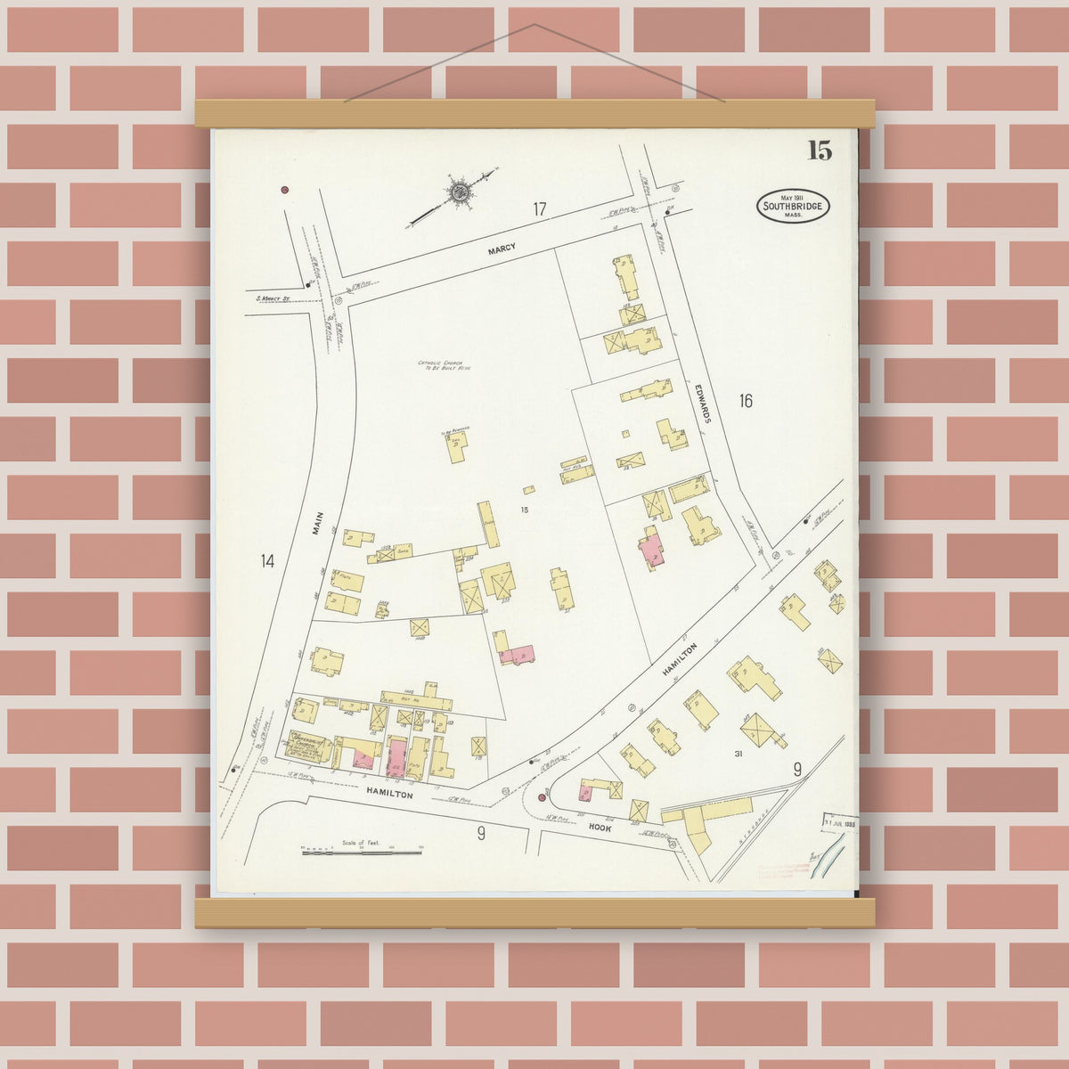 Old map wall art mockup — magnetic wood frame on brick wall — Sanborn Fire Insurance Map from Southbridge, Worcester County, Massachusetts (1911), Sheet #0015