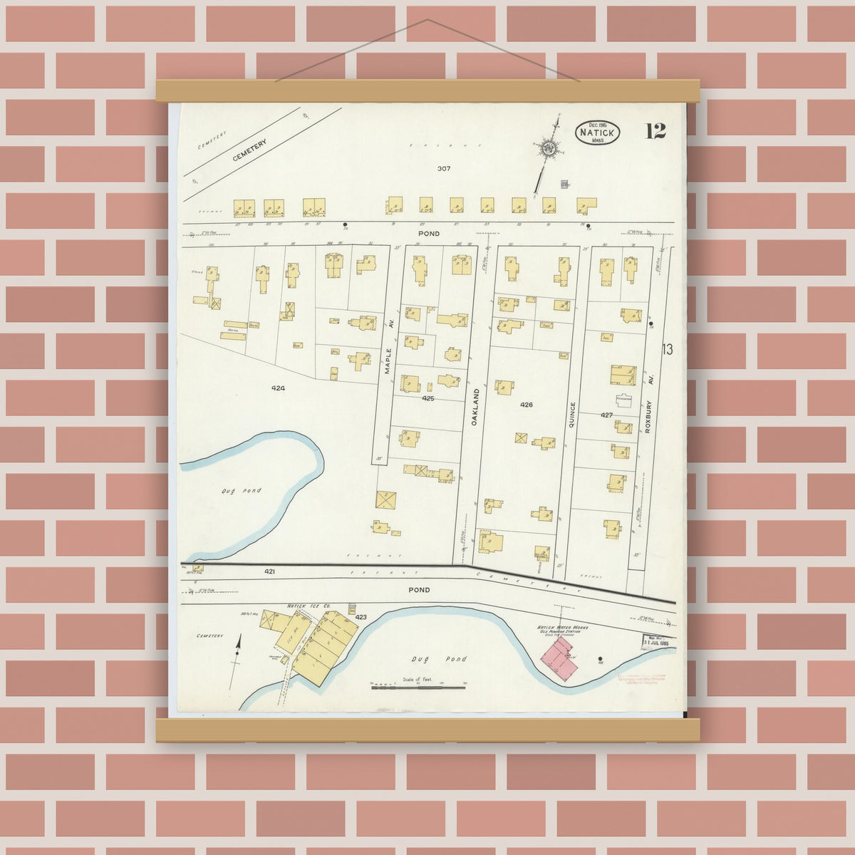 Old map wall art mockup — magnetic wood frame on brick wall — Sanborn Fire Insurance Map from Natick, Middlesex County, Massachusetts (1915), Sheet #0012