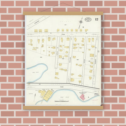 Old map wall art mockup — magnetic wood frame on brick wall — Sanborn Fire Insurance Map from Natick, Middlesex County, Massachusetts (1915), Sheet #0012