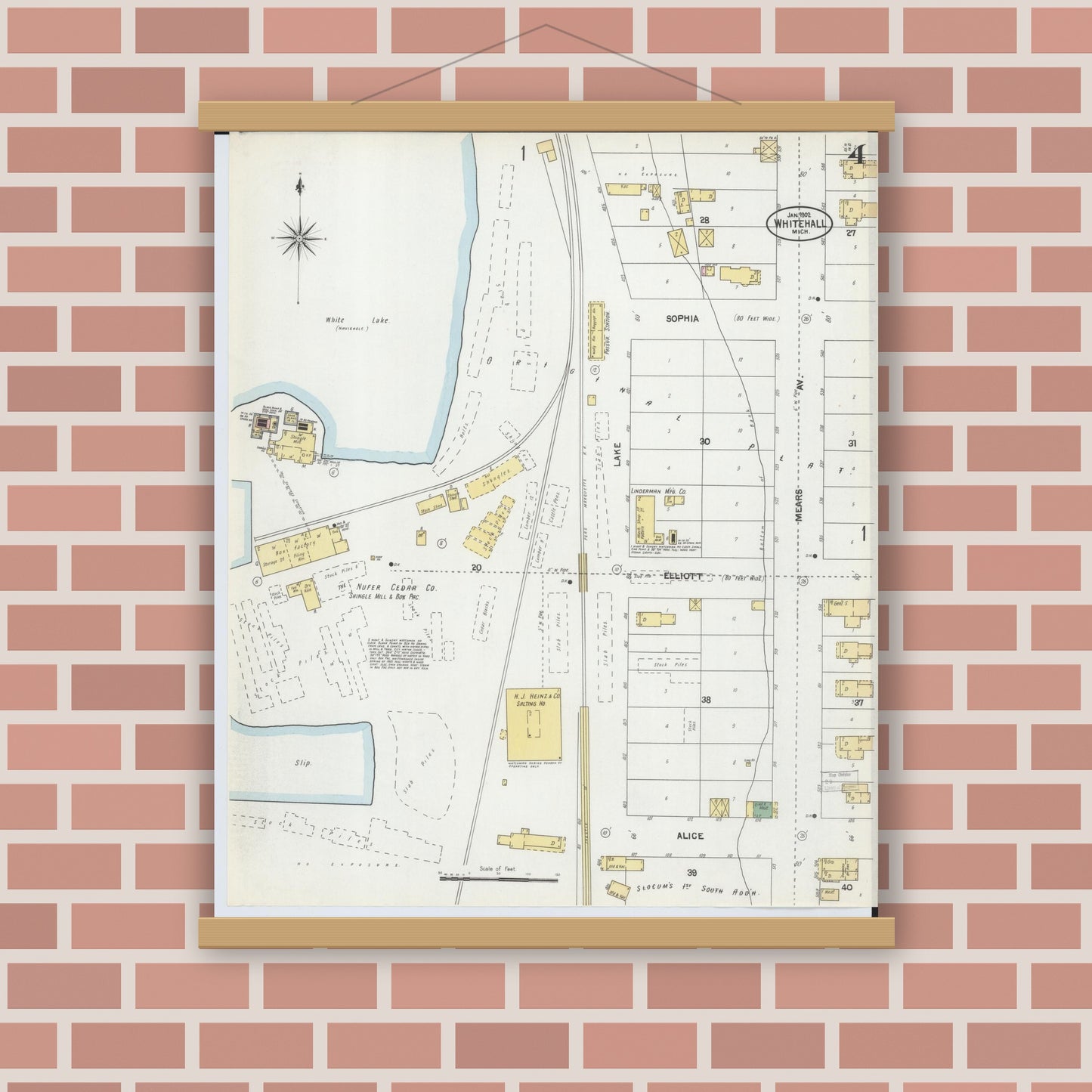 Old map wall art mockup — magnetic wood frame on brick wall — Sanborn Fire Insurance Map from Whitehall, Muskegon County, Michigan (1902), Sheet #0004