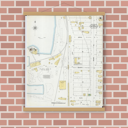 Old map wall art mockup — magnetic wood frame on brick wall — Sanborn Fire Insurance Map from Whitehall, Muskegon County, Michigan (1902), Sheet #0004