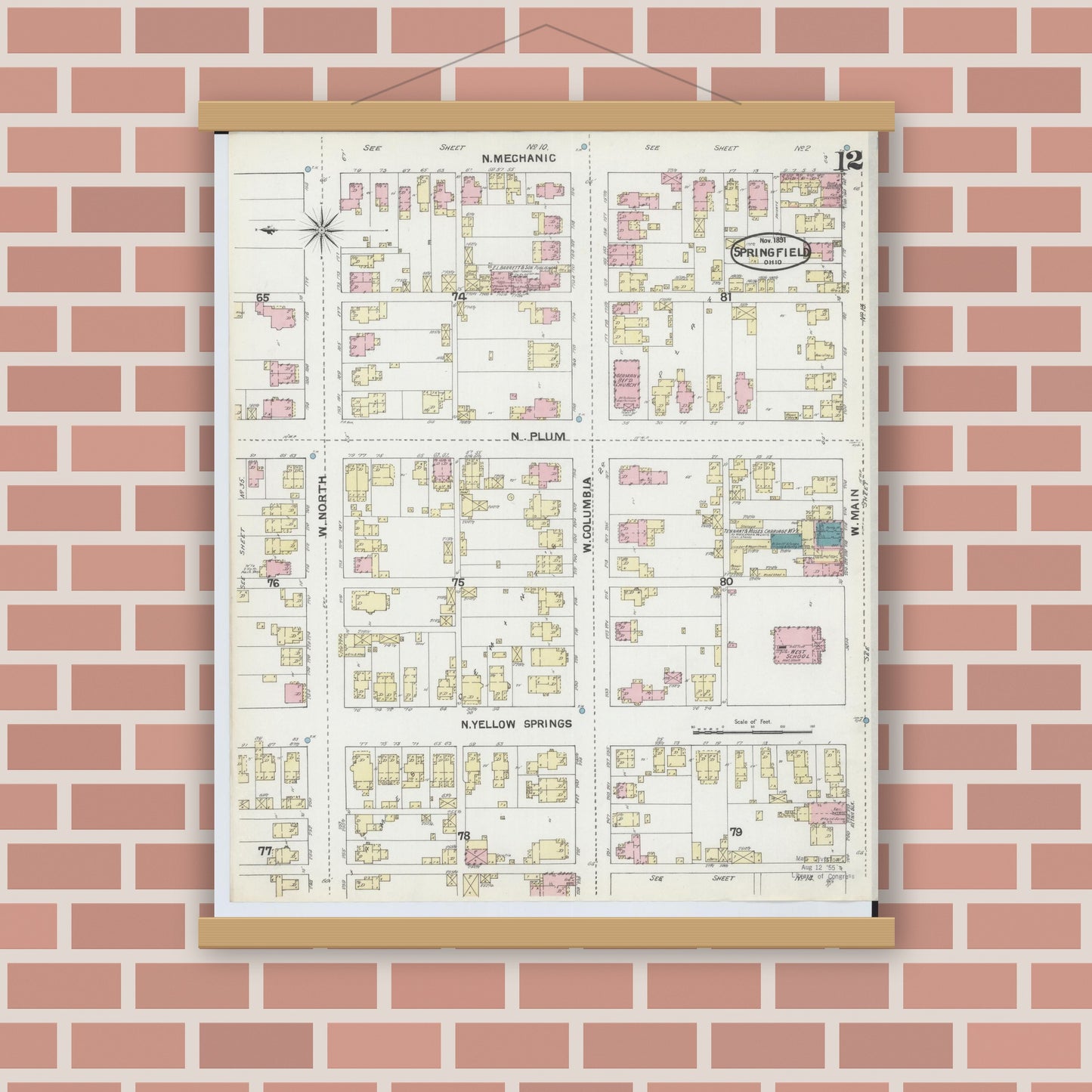 Old map wall art mockup — magnetic wood frame on brick wall — Sanborn Fire Insurance Map from Springfield, Clark County, Ohio (1891), Sheet #0012
