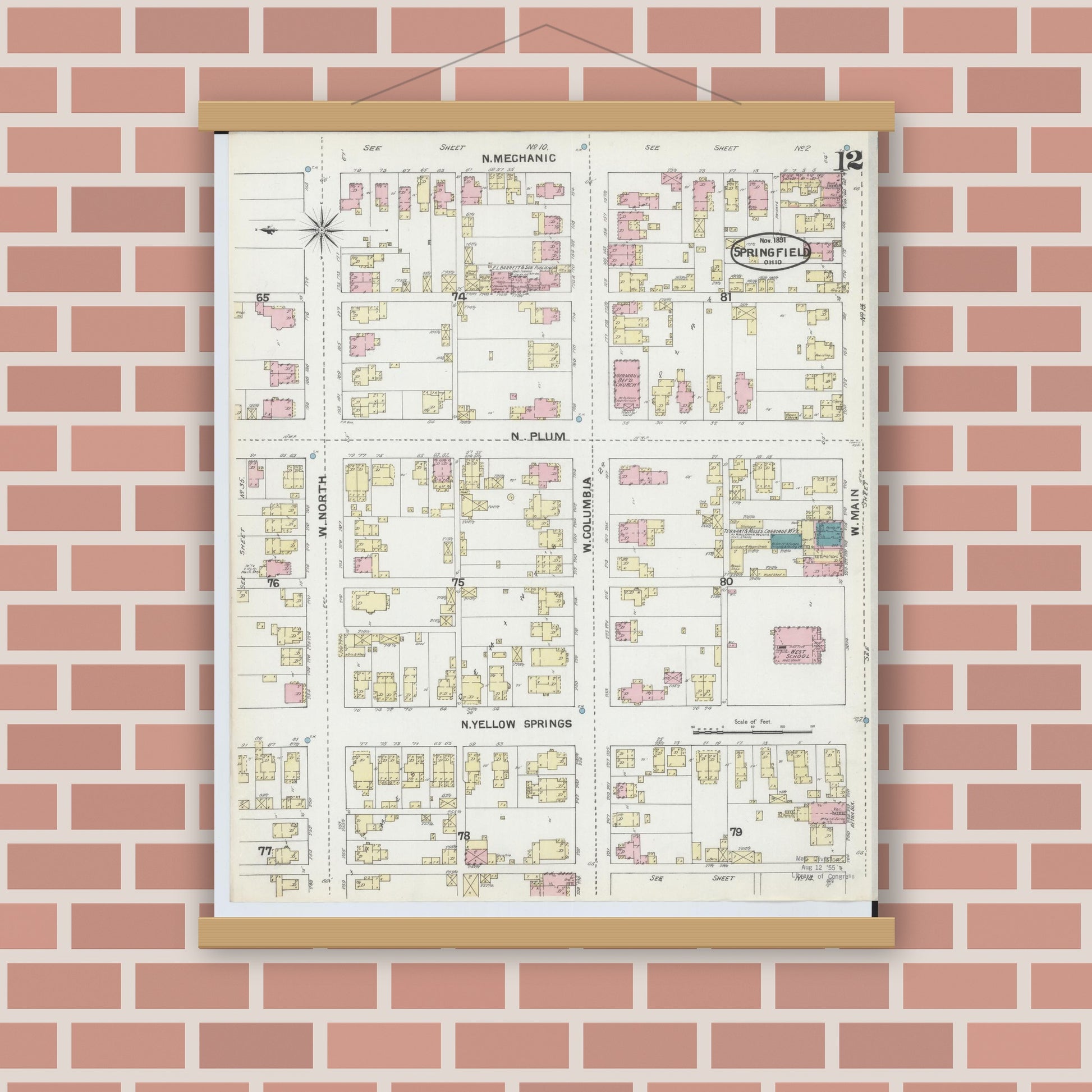 Old map wall art mockup — magnetic wood frame on brick wall — Sanborn Fire Insurance Map from Springfield, Clark County, Ohio (1891), Sheet #0012