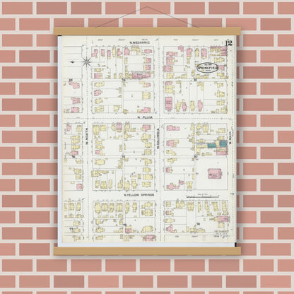 Old map wall art mockup — magnetic wood frame on brick wall — Sanborn Fire Insurance Map from Springfield, Clark County, Ohio (1891), Sheet #0012