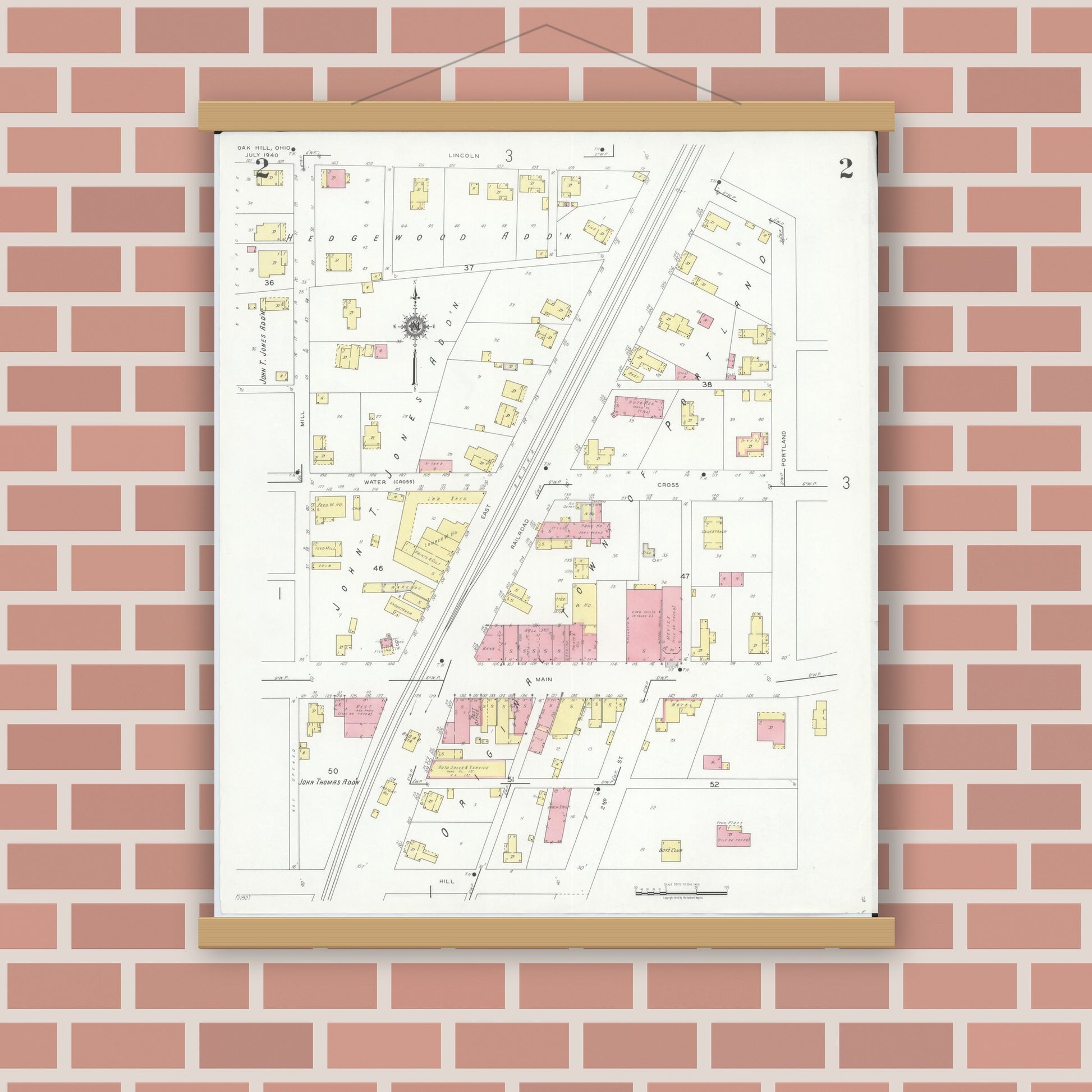 Old map wall art mockup — magnetic wood frame on brick wall — Sanborn Fire Insurance Map from Oak Hill, Jackson County, Ohio (1940), Sheet #0002