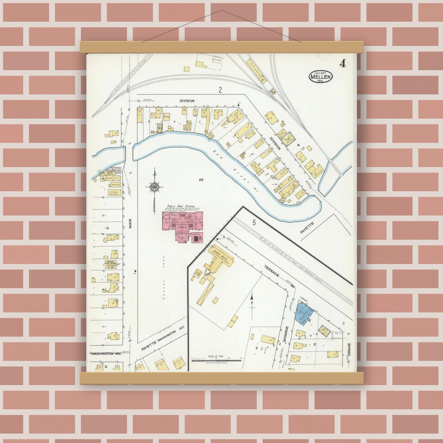 Old map wall art mockup — magnetic wood frame on brick wall — Sanborn Fire Insurance Map from Mellen, Ashland County, Wisconsin (1917), Sheet #0004