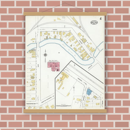 Old map wall art mockup — magnetic wood frame on brick wall — Sanborn Fire Insurance Map from Mellen, Ashland County, Wisconsin (1917), Sheet #0004