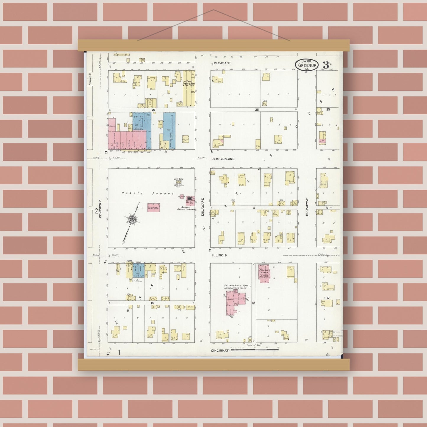 Old map wall art mockup — magnetic wood frame on brick wall — Sanborn Fire Insurance Map from Greenup, Cumberland County, Illinois (1912), Sheet #0003