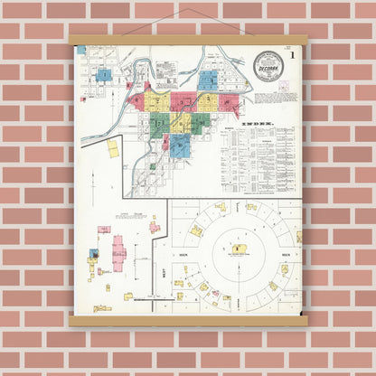Old map wall art mockup — magnetic wood frame on brick wall — Sanborn Fire Insurance Map from Decorah, Winneshiek County, Iowa (1902) â€” Complete Set