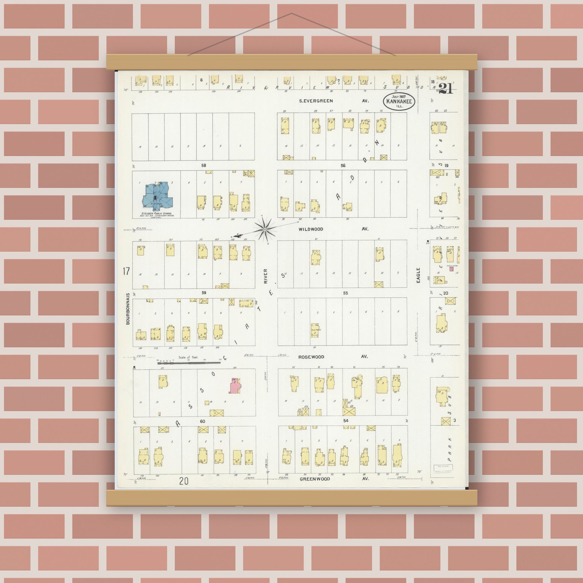 Old map wall art mockup — magnetic wood frame on brick wall — Sanborn Fire Insurance Map from Kankakee, Kankakee County, Illinois (1907), Sheet #0021