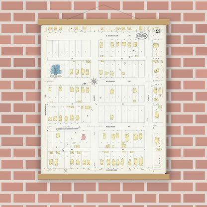 Old map wall art mockup — magnetic wood frame on brick wall — Sanborn Fire Insurance Map from Kankakee, Kankakee County, Illinois (1907), Sheet #0021