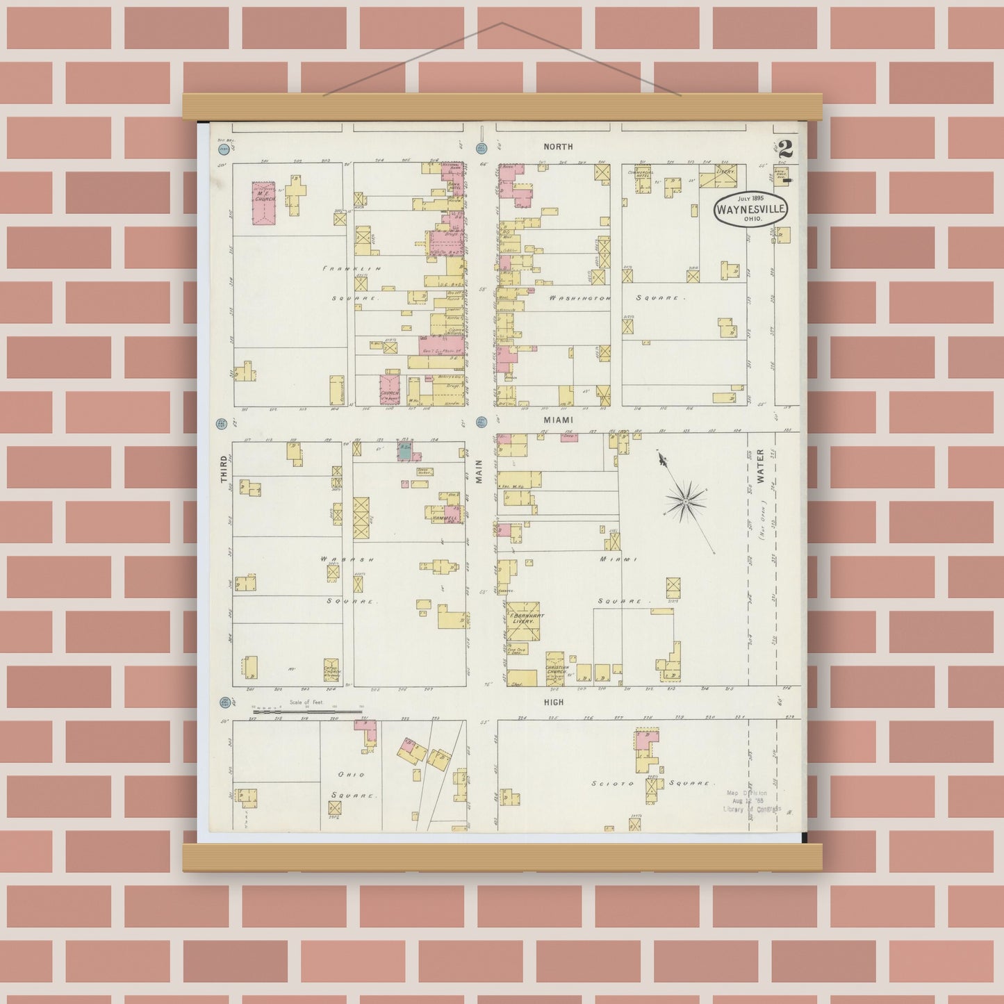 Old map wall art mockup — magnetic wood frame on brick wall — Sanborn Fire Insurance Map from Waynesville, Warren County, Ohio (1895), Sheet #0002