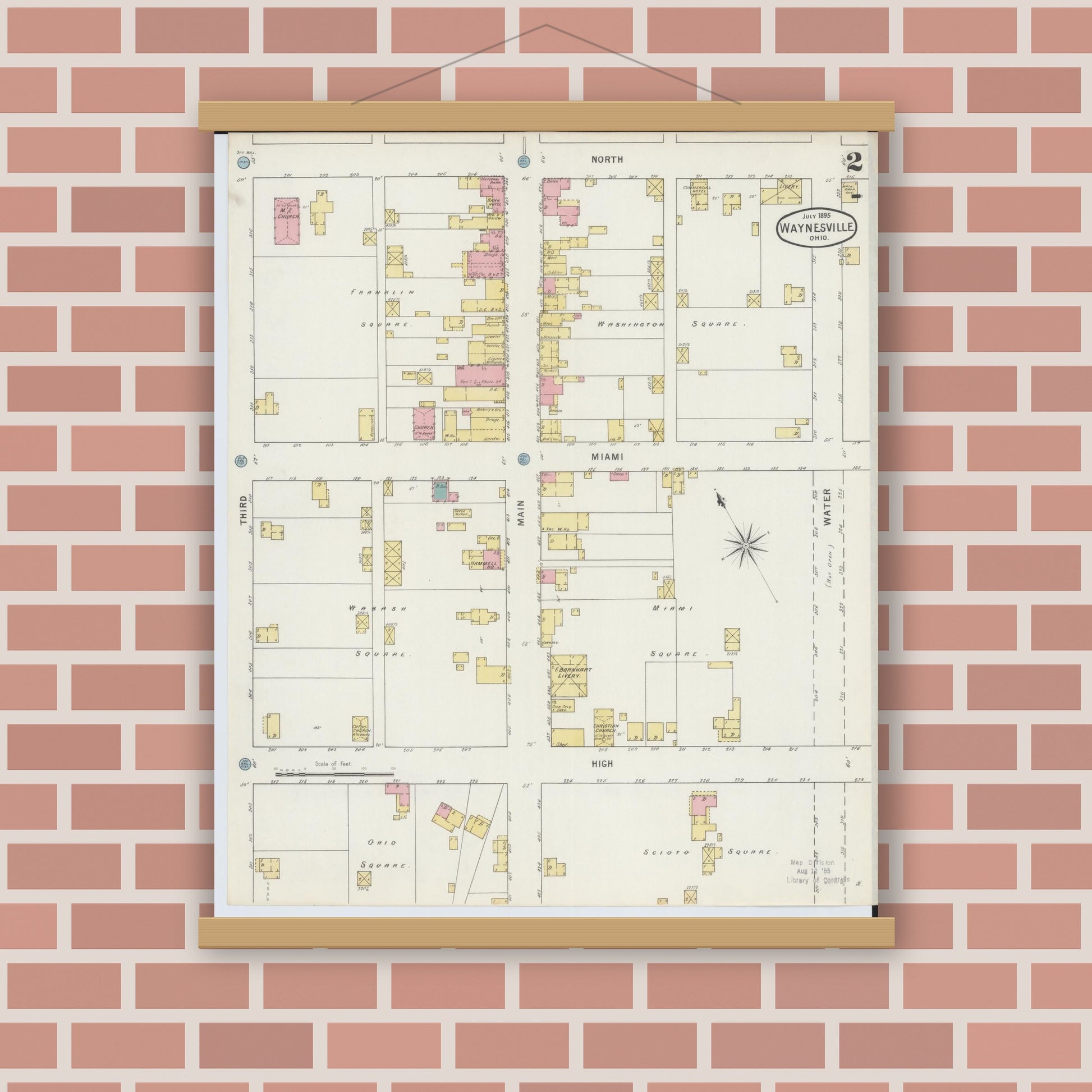 Old map wall art mockup — magnetic wood frame on brick wall — Sanborn Fire Insurance Map from Waynesville, Warren County, Ohio (1895), Sheet #0002