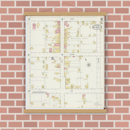 Old map wall art mockup — magnetic wood frame on brick wall — Sanborn Fire Insurance Map from Waynesville, Warren County, Ohio (1895), Sheet #0002