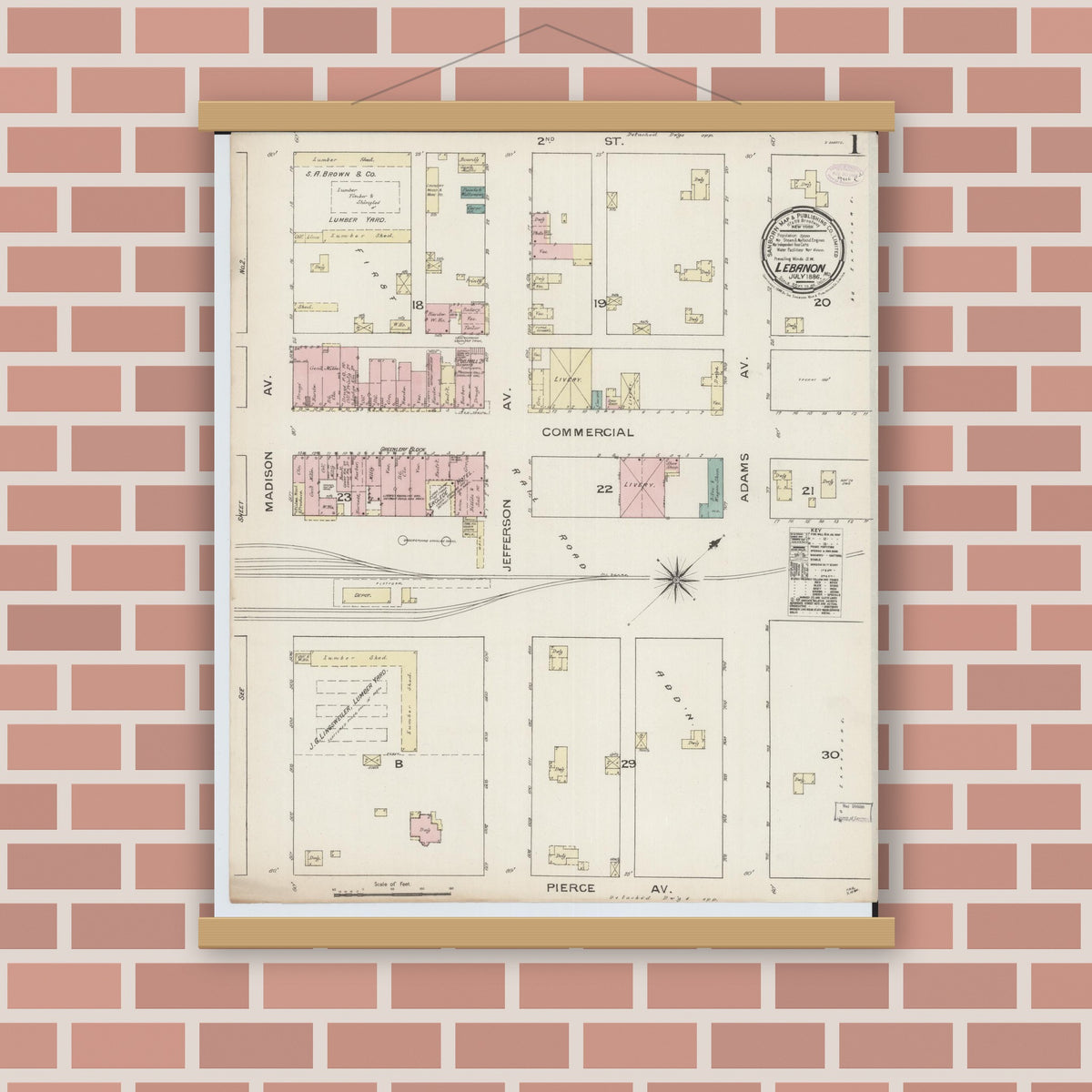Old map wall art mockup — magnetic wood frame on brick wall — Sanborn Fire Insurance Map from Lebanon, Laclede County, Missouri (1886) - Complete Map Set