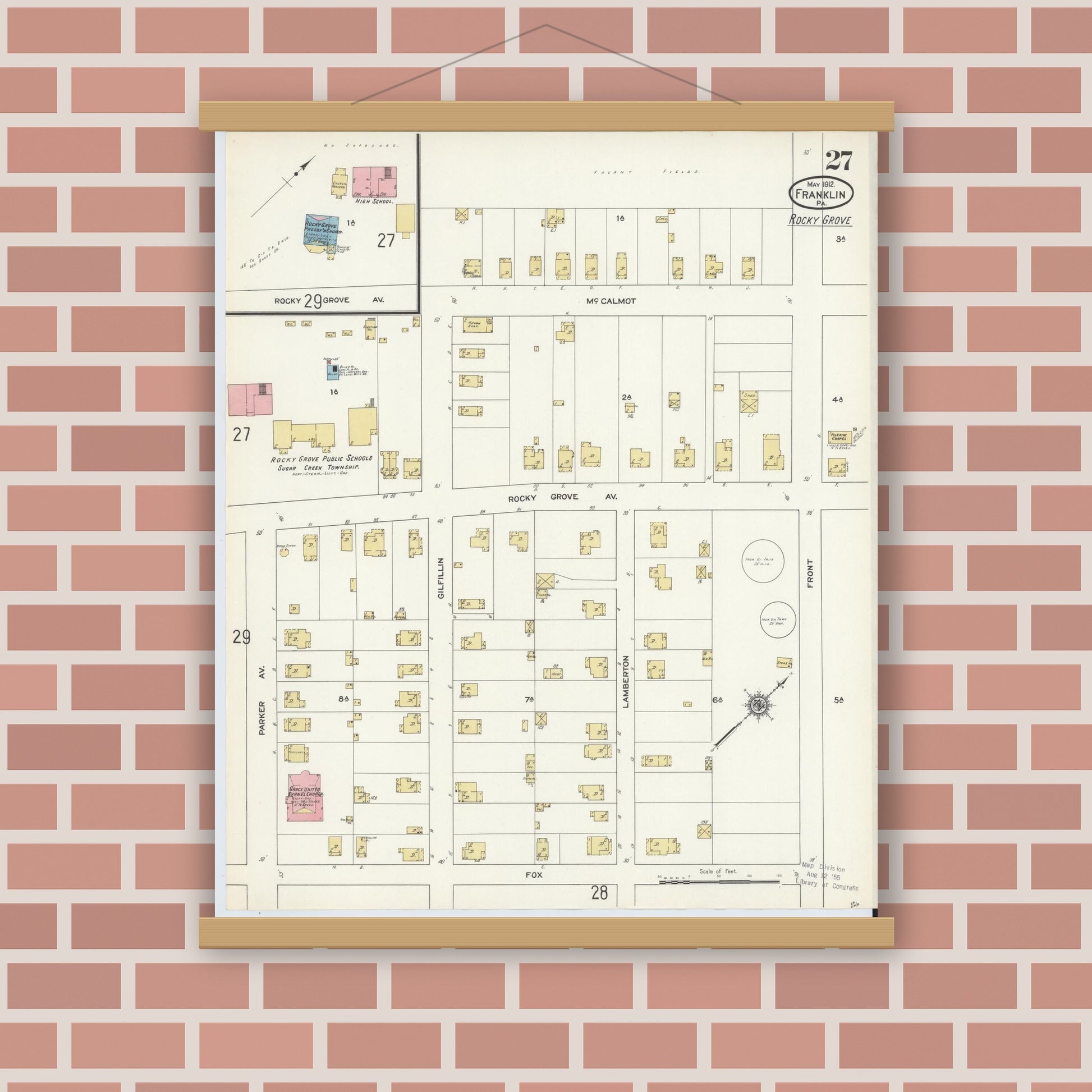 Old map wall art mockup — magnetic wood frame on brick wall — Sanborn Fire Insurance Map from Franklin, Venango County, Pennsylvania (1912), Sheet #0027