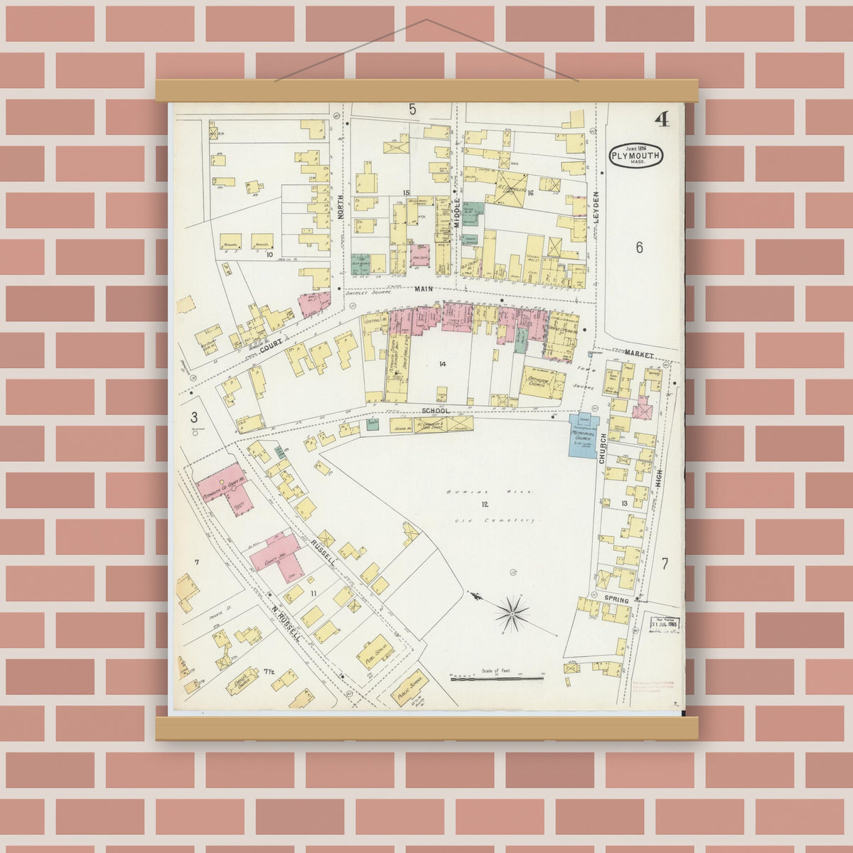 Old map wall art mockup — magnetic wood frame on brick wall — Sanborn Fire Insurance Map from Plymouth, Plymouth County, Massachusetts (1896), Sheet #0004
